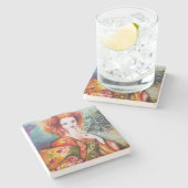 孔雀の羽を持つロマきらめくティックな女性 ストーンコースター (横)