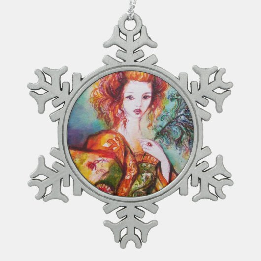 孔雀の羽を持つロマきらめくティックな女性 スノーフレークピューターオーナメント (正面)