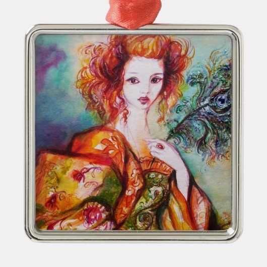 孔雀の羽を持つロマきらめくティックな女性 メタルオーナメント (正面)
