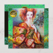 孔雀の羽を持つロマきらめくティックな女性 招待状 (正面/裏面)