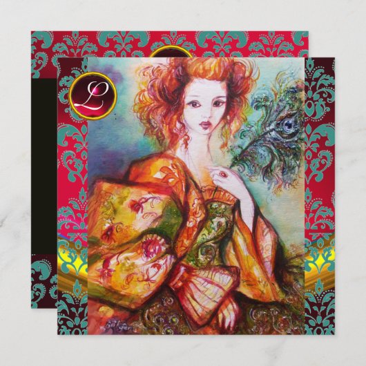 孔雀の羽を持つロマきらめくティックな女性 招待状 (正面/裏面)