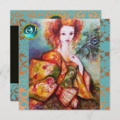 孔雀の羽を持つロマきらめくティックな女性 招待状 (正面/裏面)