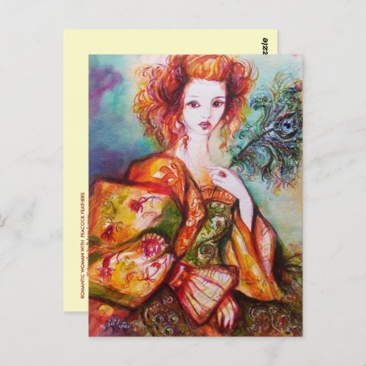 孔雀の羽を持つロマンきらめくチックな女性 ポストカード (正面/裏面)