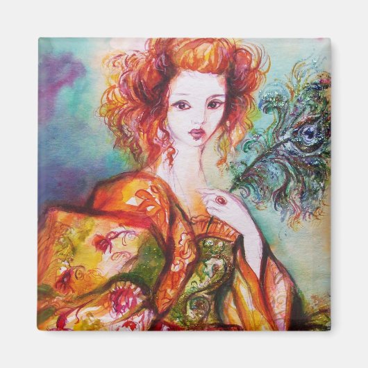 孔雀の羽を持つロマンチックな女性 マグネット (正面)