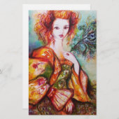 孔雀の羽を持つロマンチックな女性 便箋 (正面/裏面)