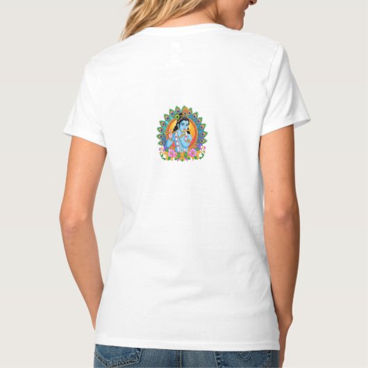 孔雀の羽を持つ笛を演奏するクリシュナ Tシャツ (裏面)