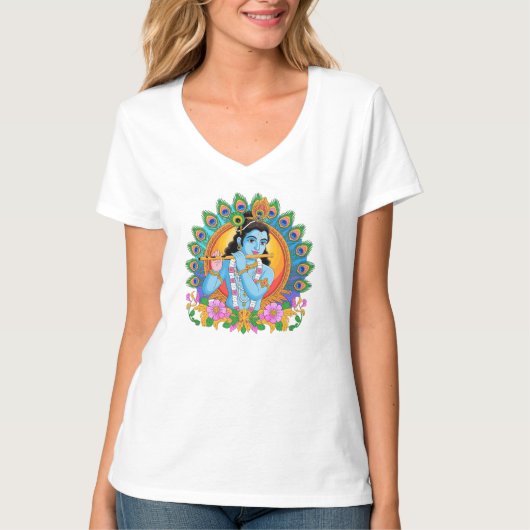 孔雀の羽を持つ笛を演奏するクリシュナ Tシャツ (正面)