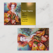 孔雀の羽イエロージェムを持つロマンチックな女性 名刺 (正面/裏面)