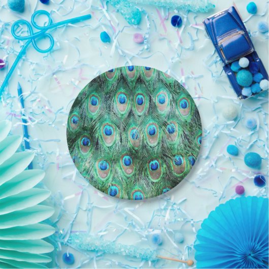 孔雀の羽エキゾチック野生の水の色のパターン ペーパープレート (パーティー)