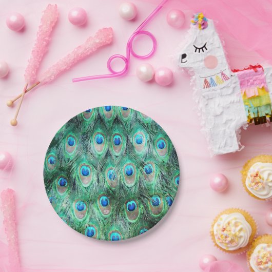 孔雀の羽エキゾチック野生の水の色のパターン ペーパープレート (パーティー)