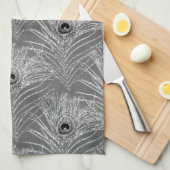 孔雀の羽エレガント銀の黒い灰色のパターン キッチンタオル (四つ折り)