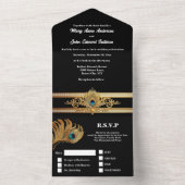 孔雀の羽エレガント黒金ゴールドミニマル オールインワン招待状 (内側)