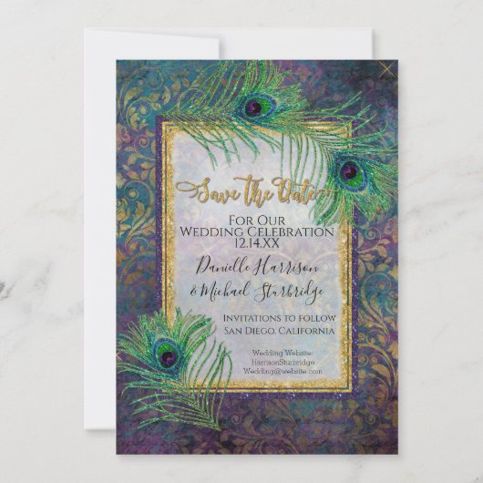 孔雀の羽グリッター紫の写真の日付を保存 セーブザデート (裏面)