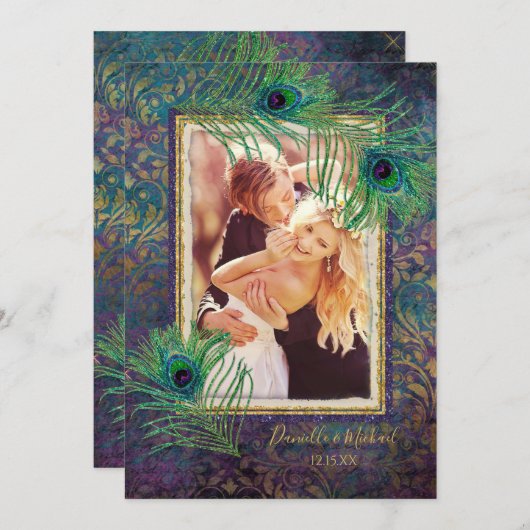 孔雀の羽グリッター紫の写真の日付を保存 セーブザデート (正面/裏面)