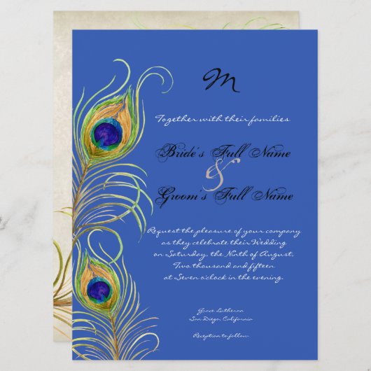 孔雀の羽コバルト王室のブルーの結婚式の招待 招待状 (正面/裏面)