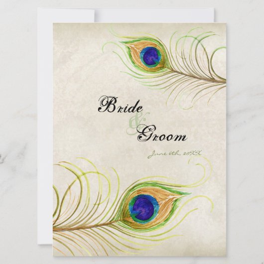 孔雀の羽コバルト王室のブルーの結婚式の招待 招待状 (裏面)