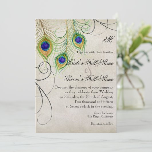 孔雀の羽シルバーダマスクのウェディングステーショナリー 招待状 (スタンド正面)