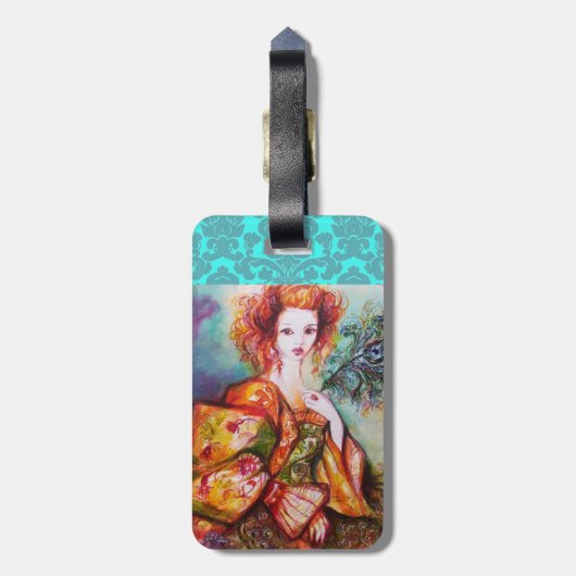 孔雀の羽ダマスクモノグラムを持つロマンチックな女性 ラゲッジタグ (裏面縦)