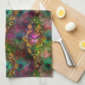 孔雀の羽バタフライバロックの紫の金ゴールド キッチンタオル (四つ折り)