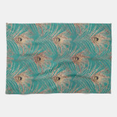 孔雀の羽パターングリッターティール(緑がかった色)金ゴールド エレガント キッチンタオル (横)