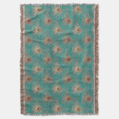 孔雀の羽パターングリッターティール(緑がかった色)金ゴールド エレガント スローブランケット (正面縦)