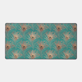 孔雀の羽パターングリッターティール（緑がかった色）金ゴールド エレガント デスクマット