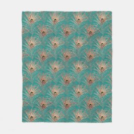 孔雀の羽パターングリッターティール（緑がかった色）金ゴールド エレガント フリースブランケット