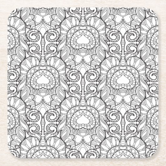 孔雀の羽パターン落書き スクエアペーパーコースター (正面)