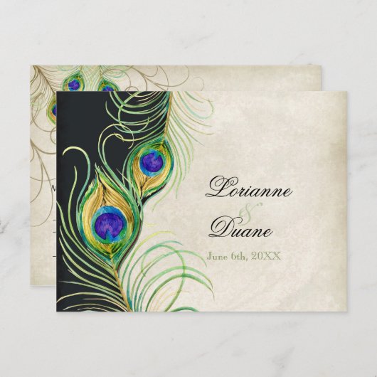 孔雀の羽ブラックダマスクRSVP応答カード インビテーションポストカード (正面/裏面)