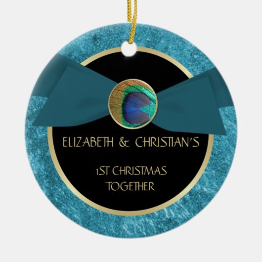 孔雀の羽ボタンの第1クリスマスのオーナメント セラミックオーナメント (正面)