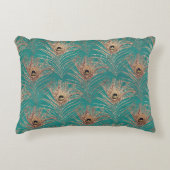 孔雀の羽ヴィンテージパターンティール（緑がかった色）金ゴールド エレガント アクセントクッション (正面)