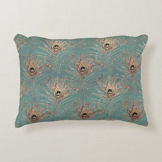 孔雀の羽ヴィンテージパターンティール(緑がかった色)金ゴールド エレガント アクセントクッション (正面)