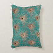 孔雀の羽ヴィンテージパターンティール(緑がかった色)金ゴールド エレガント アクセントクッション (正面(垂直))