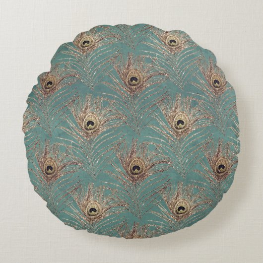 孔雀の羽ヴィンテージパターンティール(緑がかった色)金ゴールド エレガント ラウンドクッション (正面)