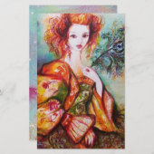 孔雀の羽文具を備えたロマンチックな女性 便箋 (正面/裏面)