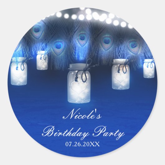 孔雀の羽根、メイソンの瓶と文字列のライト素朴 ラウンドシール (正面)