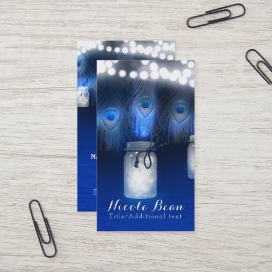 孔雀の羽根、メイソンの瓶と文字列のライト素朴 名刺 (正面/裏面インサイチュ)