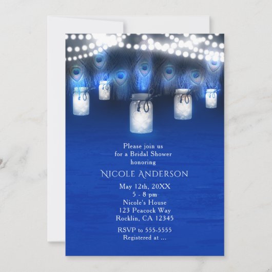 孔雀の羽根、メイソンの瓶と文字列のライト素朴 招待状 (正面)