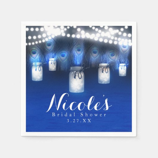 孔雀の羽根、メイソンジャー&ストリングライトパーティー スタンダードカクテルナプキン (正面)
