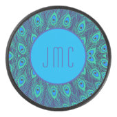 孔雀の羽模様アクアブルーグリーンモノグラム アイスホッケーパック (正面)