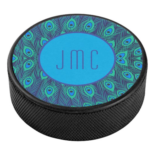 孔雀の羽模様アクアブルーグリーンモノグラム アイスホッケーパック (3/4)