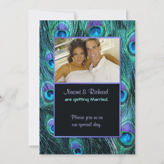 孔雀の羽毛ドラマ – 写真結婚式招待状 招待状 (正面)