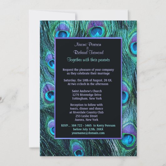 孔雀の羽毛ドラマ – 写真結婚式招待状 招待状 (裏面)