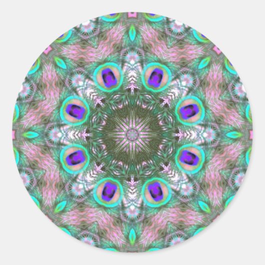 孔雀の羽毛幾何学曼荼羅のステッカー ラウンドシール (正面)