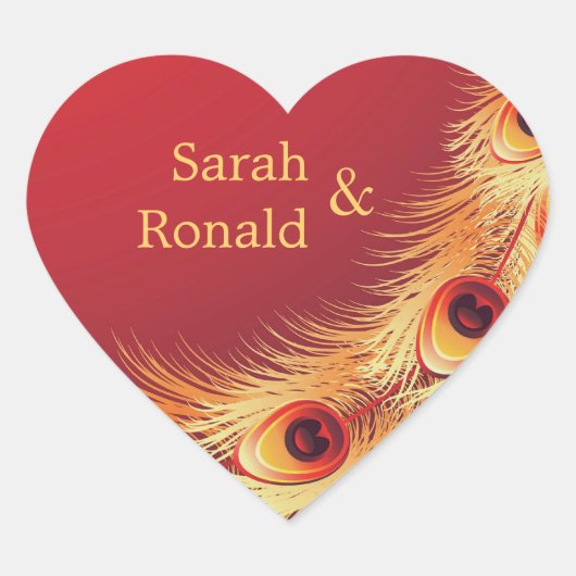 孔雀の羽結婚のステッカー ハートシール (正面)