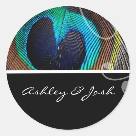 孔雀の羽結婚の名前のシール ラウンドシール (正面)