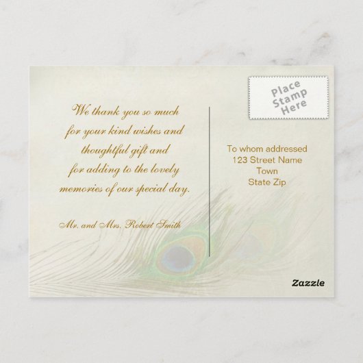 孔雀の羽結婚の感謝はがき ポストカード (裏面)