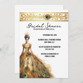 孔雀の羽結婚羽のドレスブライダルシャワー 招待状 (正面/裏面)