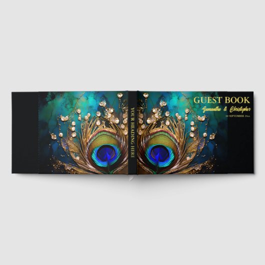 孔雀の羽3Dアールヌーボー結婚の編集可能 ゲストブック (全面)