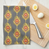 孔雀の羽,マスタードイエロー灰色/灰色 キッチンタオル (四つ折り)